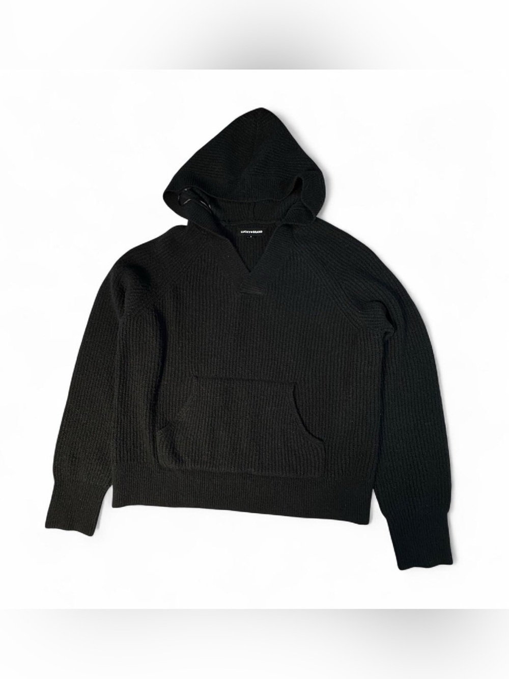Lucky Brand Cloud Soft V-Neck Ribbed Sweater Hoodie Black Small Cabincore Cozy